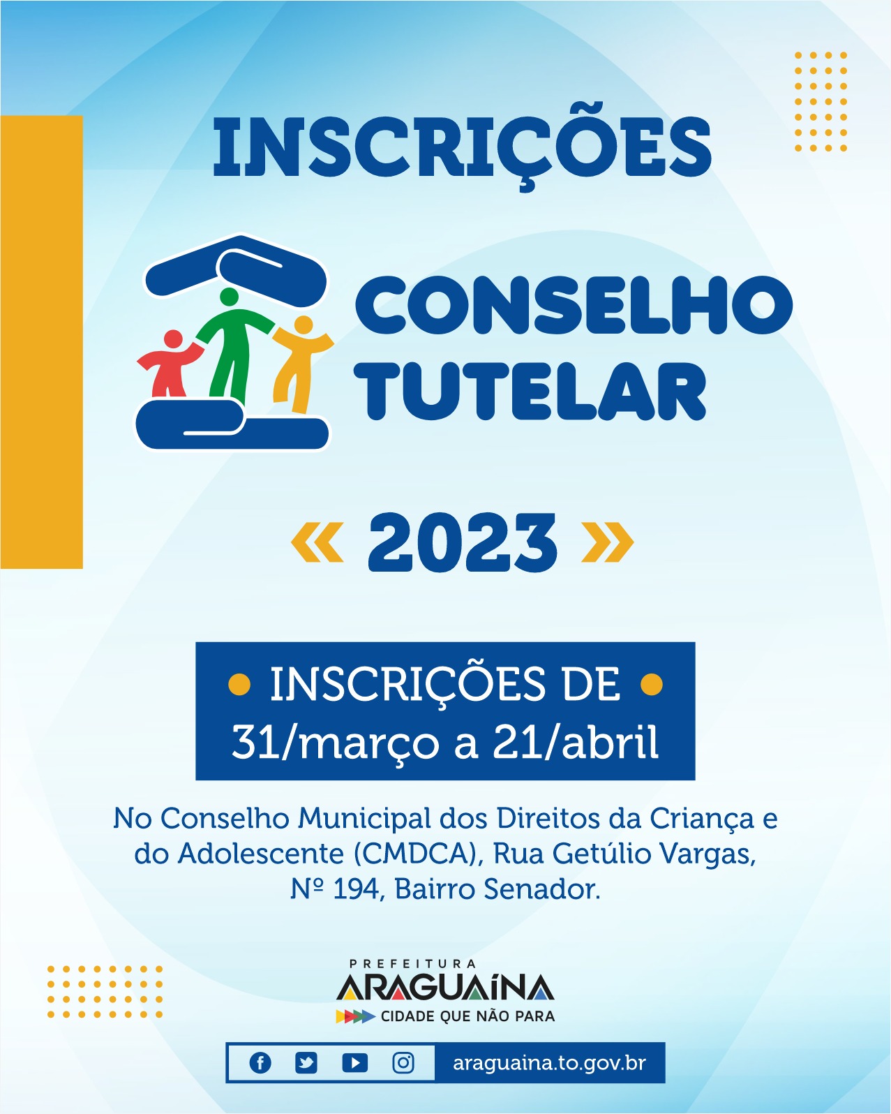 Com remuneração de até R$ 4 mil, inscrições para o Conselho Tutelar de Araguaína terminam no dia 21