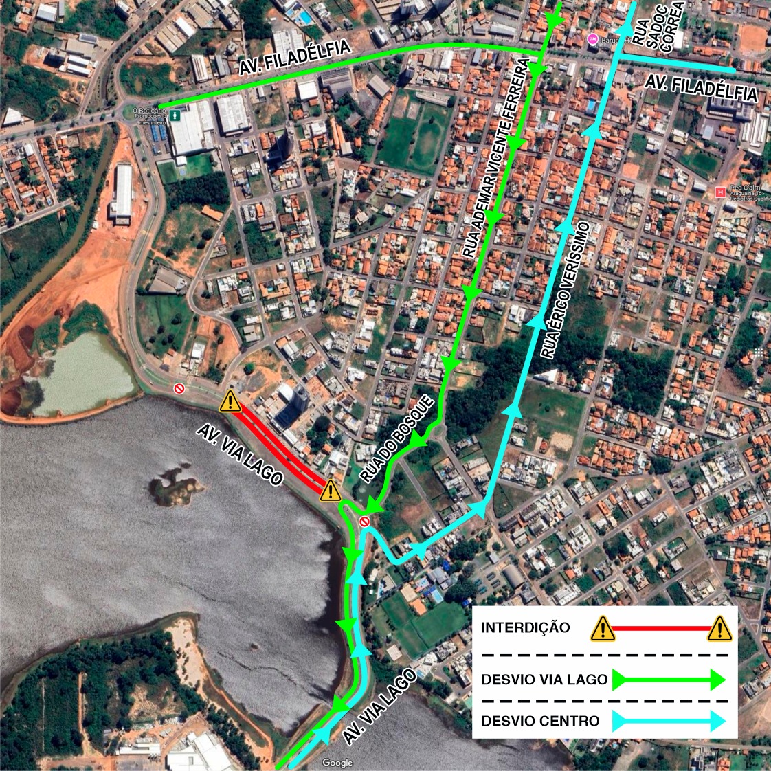 As ruas Ademar Vicente Ferreira e Érico Veríssimo são as principais opções de vias para acessar ou sair da região da Via Lago